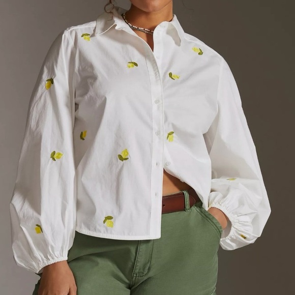 Anthropologie Tops - Anthropologie Maeve Lemon Embroidered Puff Sleeve Cotton Button Down Shirt Top